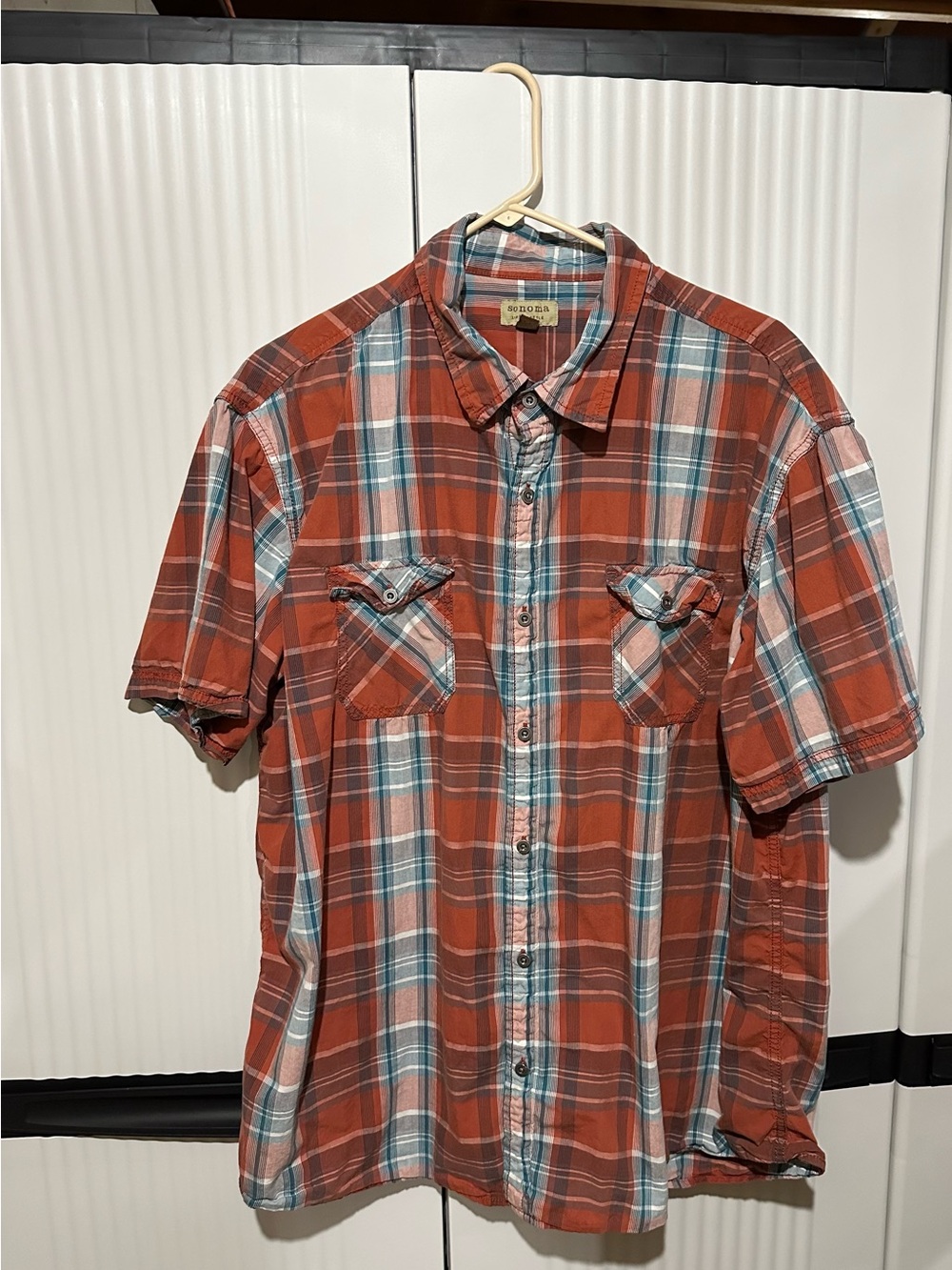 Sonoma Orange and Teal Plaid Short-Sleeve Button-Down Shirt XXL